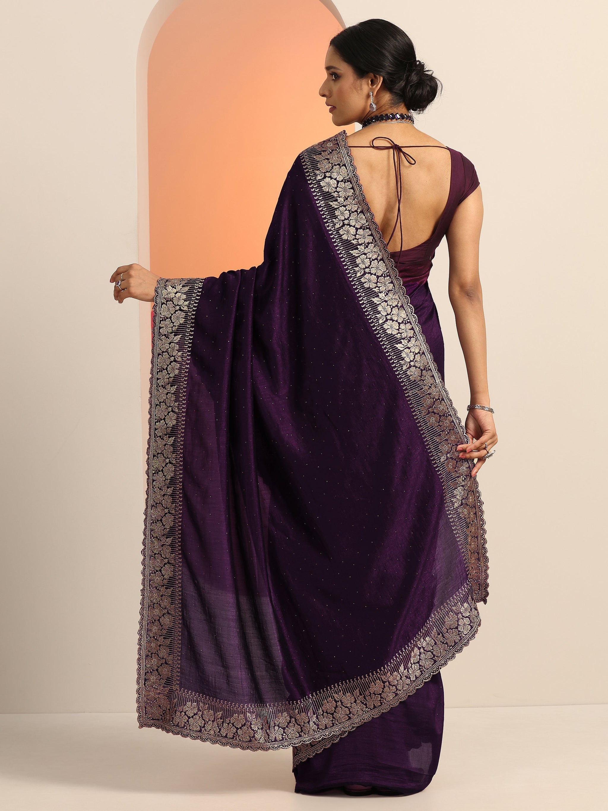 Libas Burgundy Embellished Silk blend Saree With Unstitched Blouse Piece