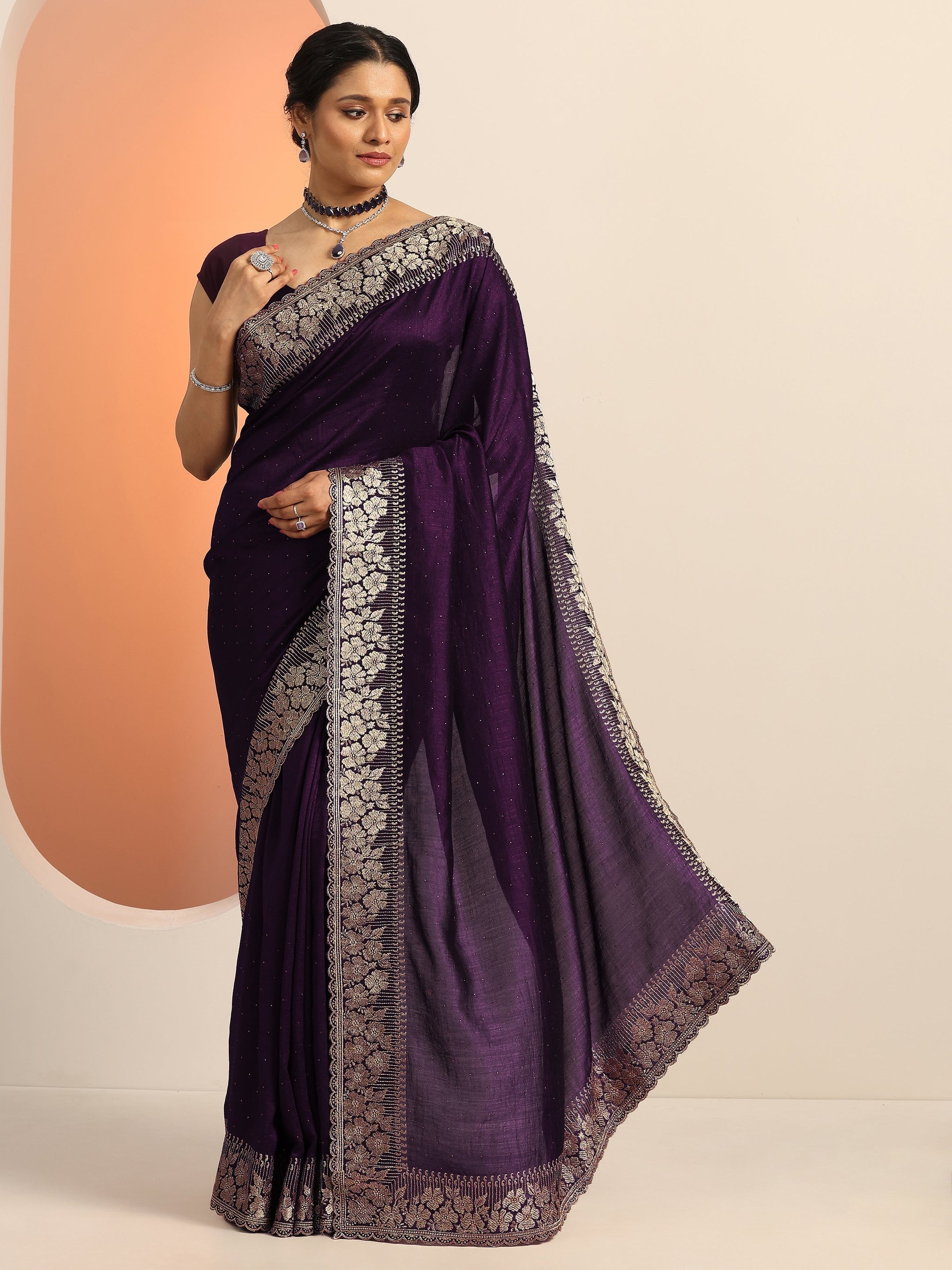 Libas Burgundy Embellished Silk blend Saree With Unstitched Blouse Piece