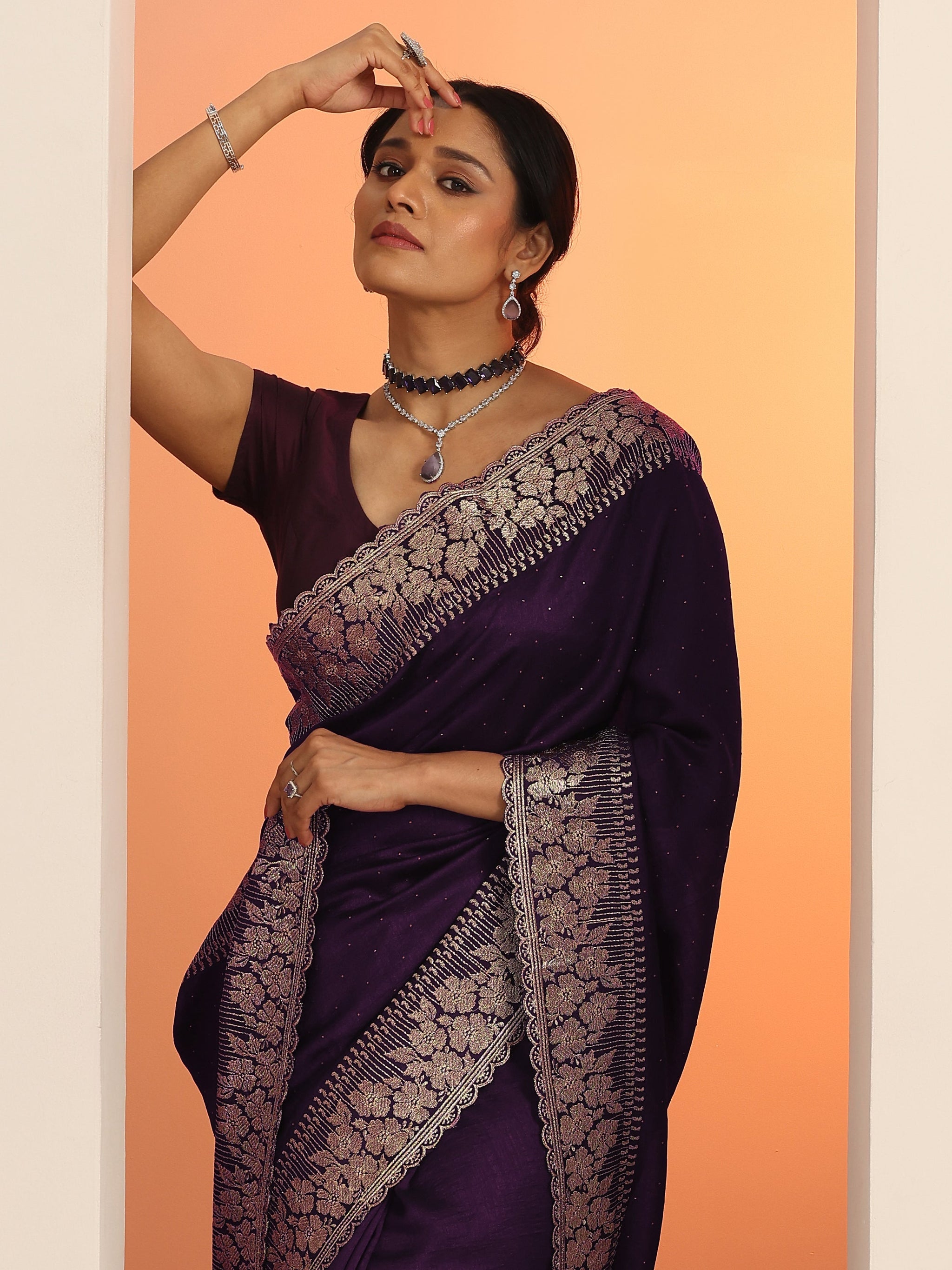 Libas Burgundy Embellished Silk blend Saree With Unstitched Blouse Piece