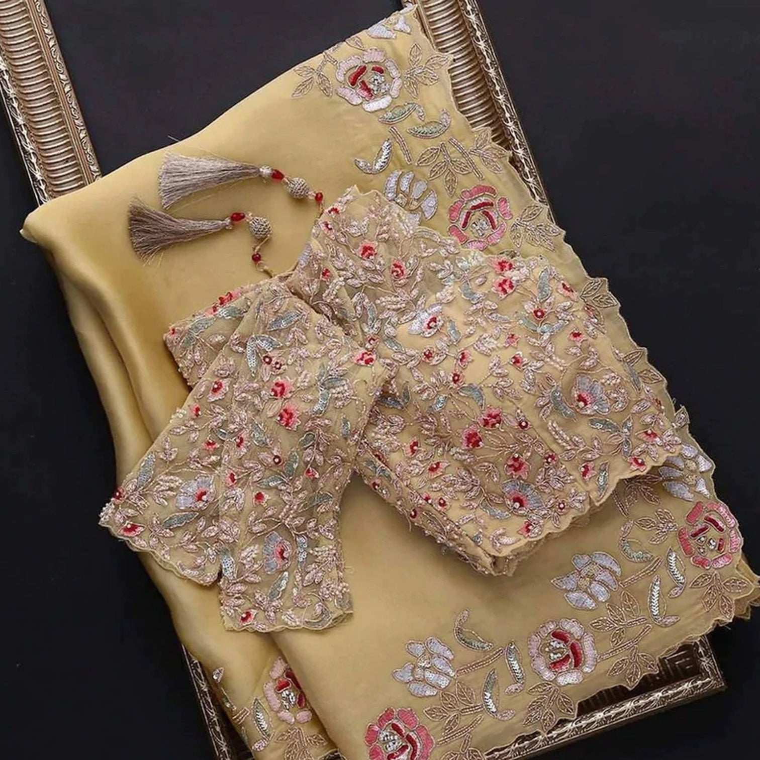 Yellow Organza Saree with Sequence Zari and Thread Embroidery Work
