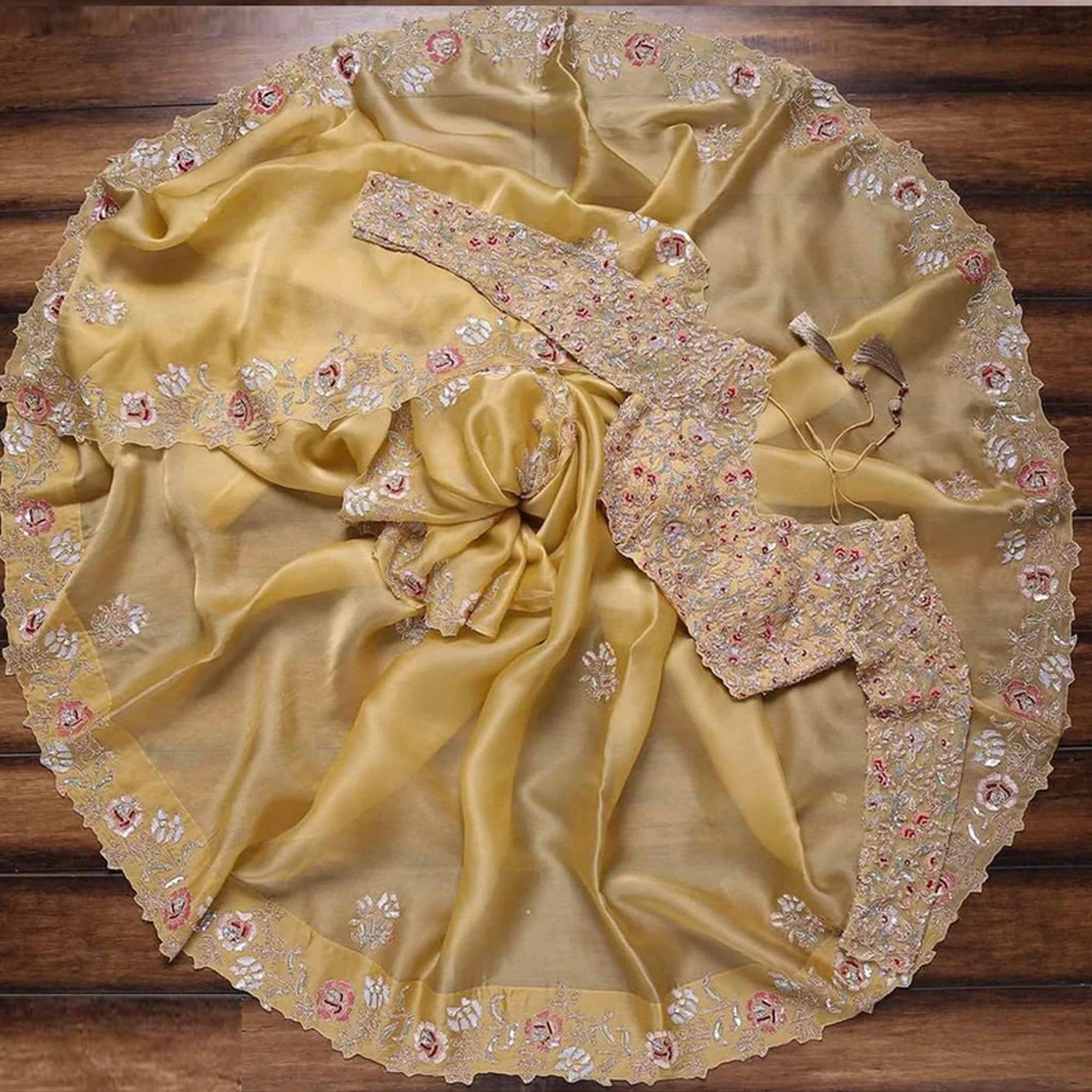 Yellow Organza Saree with Sequence Zari and Thread Embroidery Work