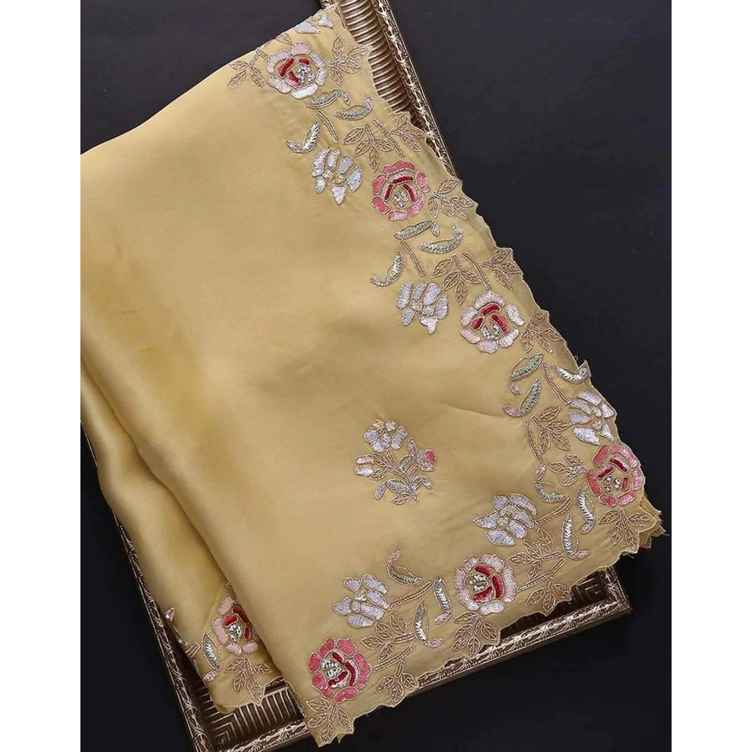 Yellow Organza Saree with Sequence Zari and Thread Embroidery Work