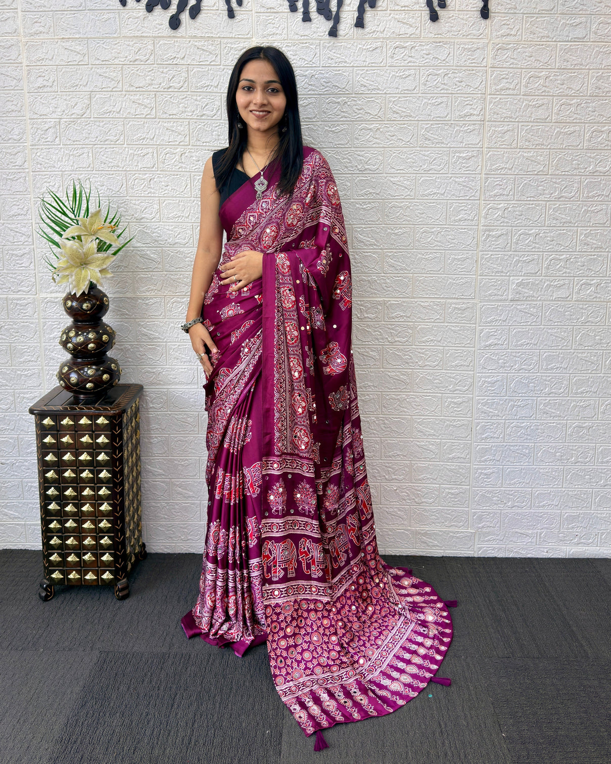 Plum purple modal silk saree with elephant motif print heritage designer pallu traditional festive wear saree