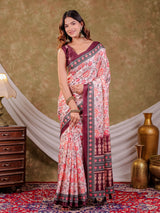 Ivory White Pure Chinnon Floral Printed Saree with Burgundy Border, Designer Pallu, Tassel Edges & Matching Blouse Piece