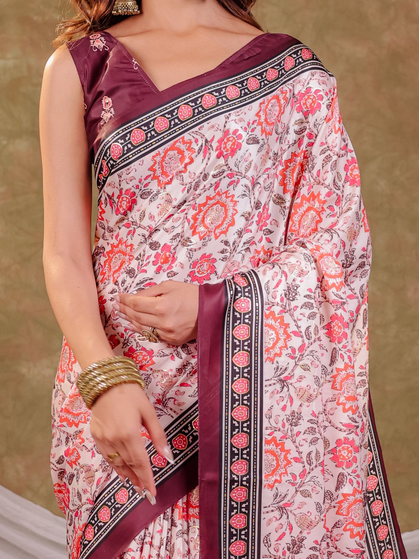 Ivory White Pure Chinnon Floral Printed Saree with Burgundy Border, Designer Pallu, Tassel Edges & Matching Blouse Piece