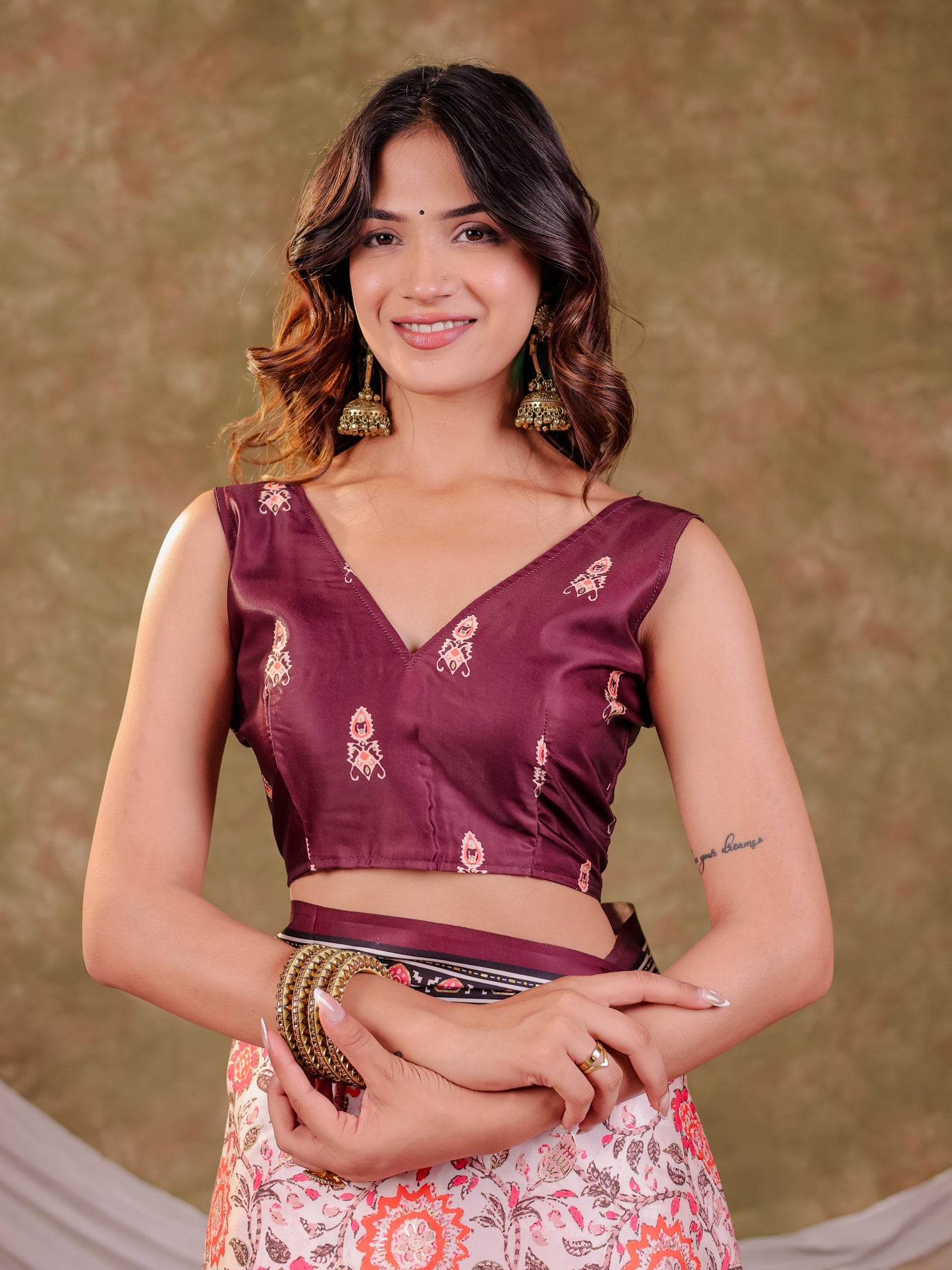 Ivory White Pure Chinnon Floral Printed Saree with Burgundy Border, Designer Pallu, Tassel Edges & Matching Blouse Piece