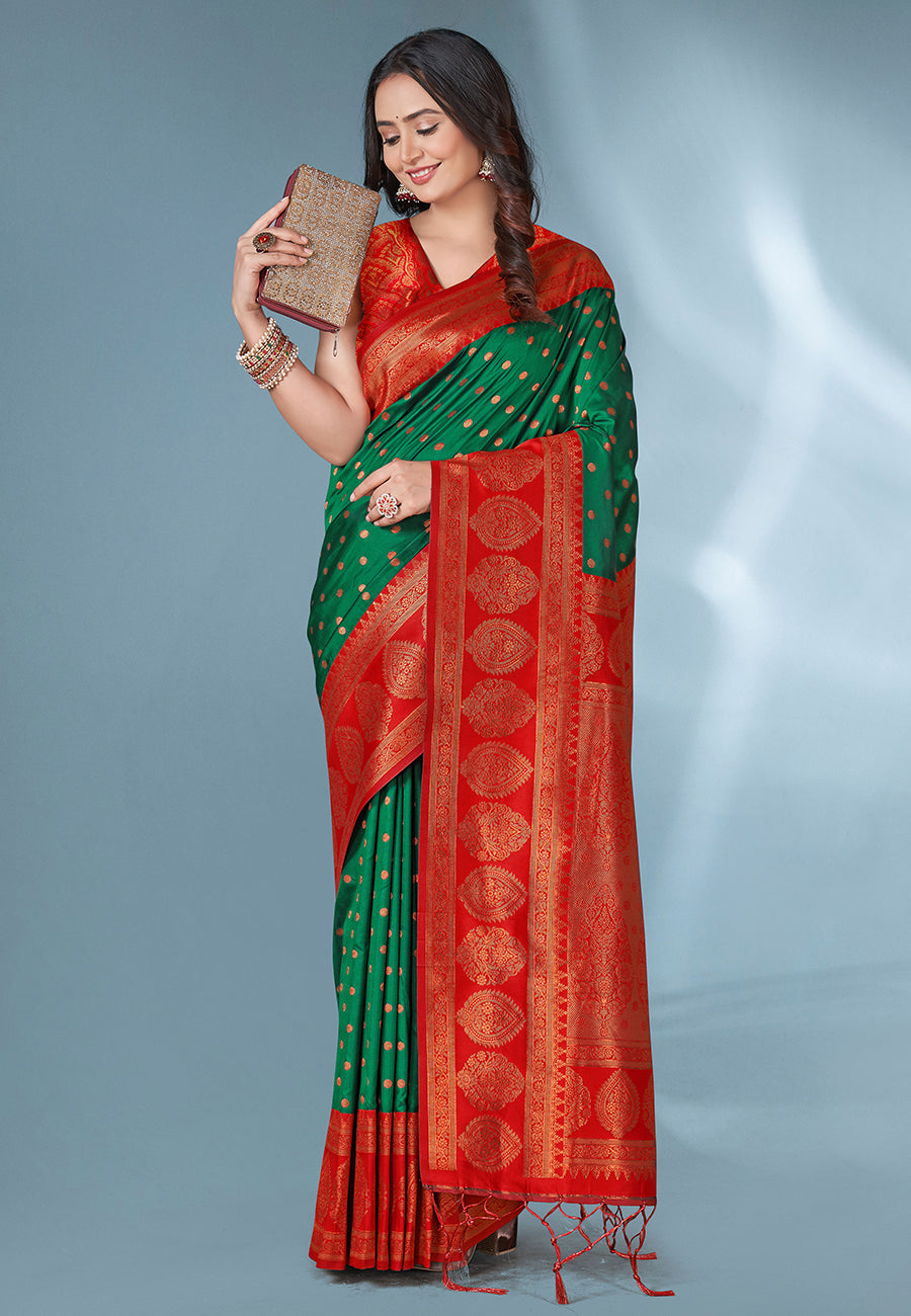 Green with red polka paithani silk contrast zari woven saree with unstitched blouse