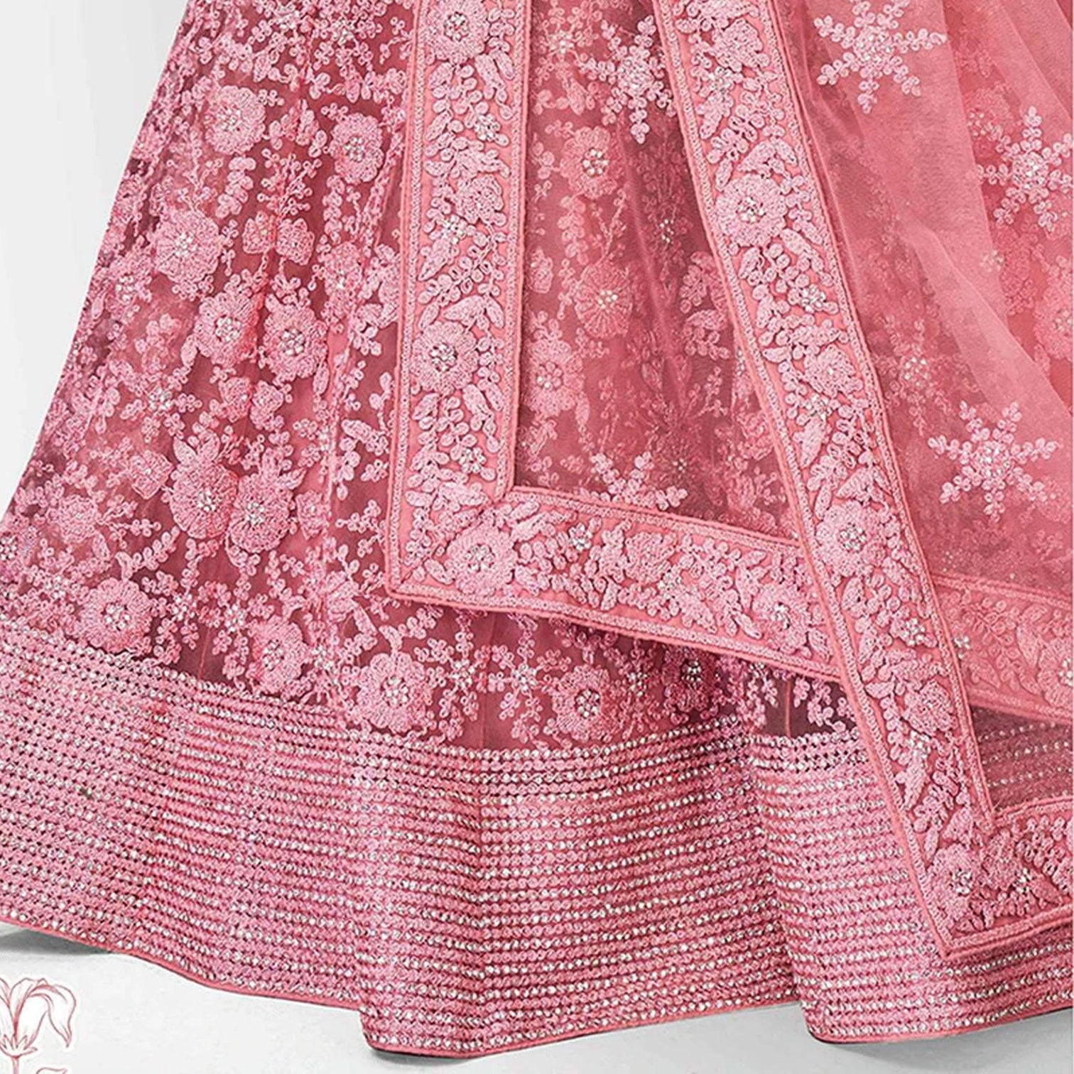 Rose Pink Lehenga Choli in Soft Net with Thread Sequence and Zari Work