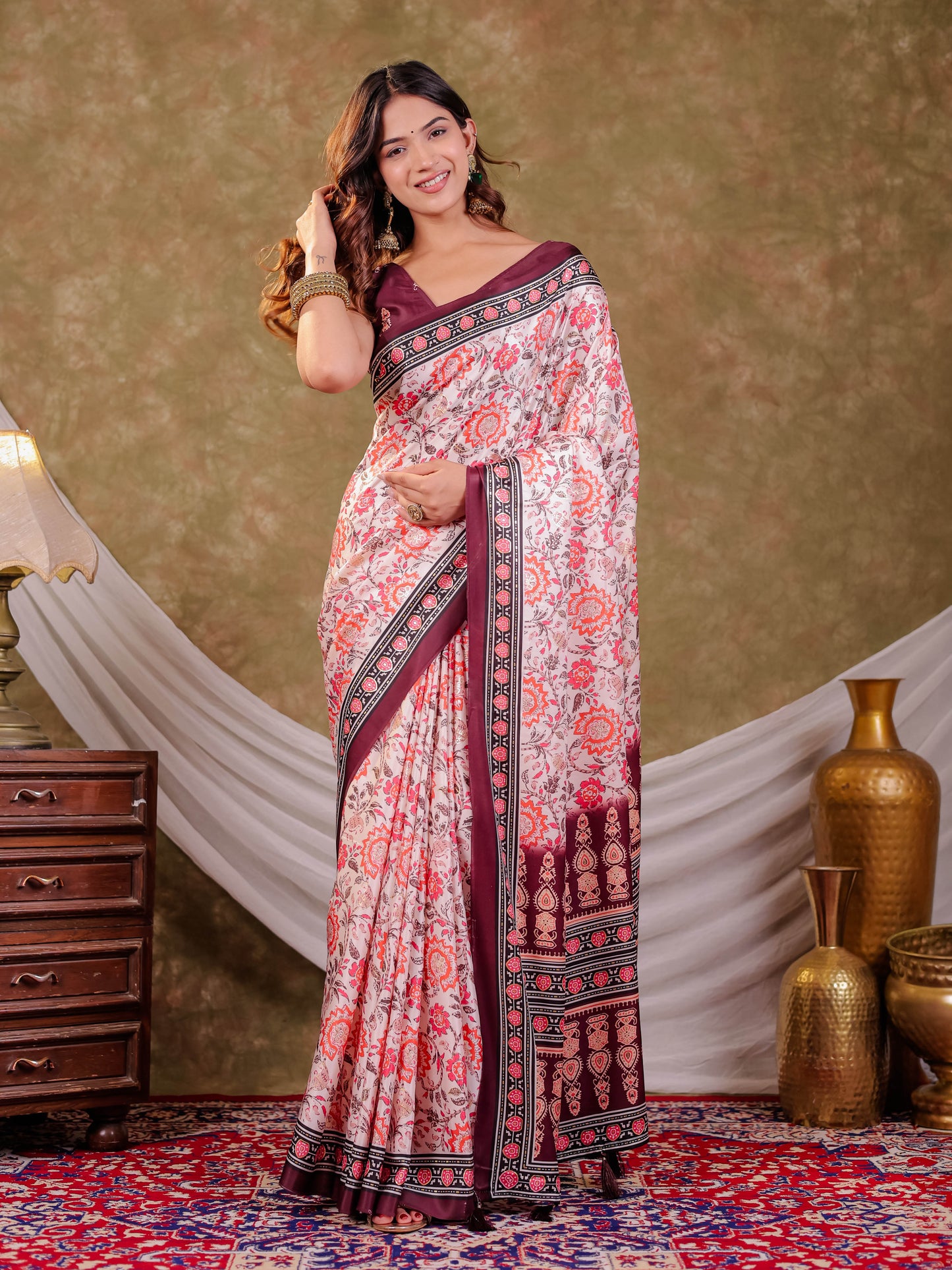 Ivory White Pure Chinnon Floral Printed Saree with Burgundy Border, Designer Pallu, Tassel Edges & Matching Blouse Piece