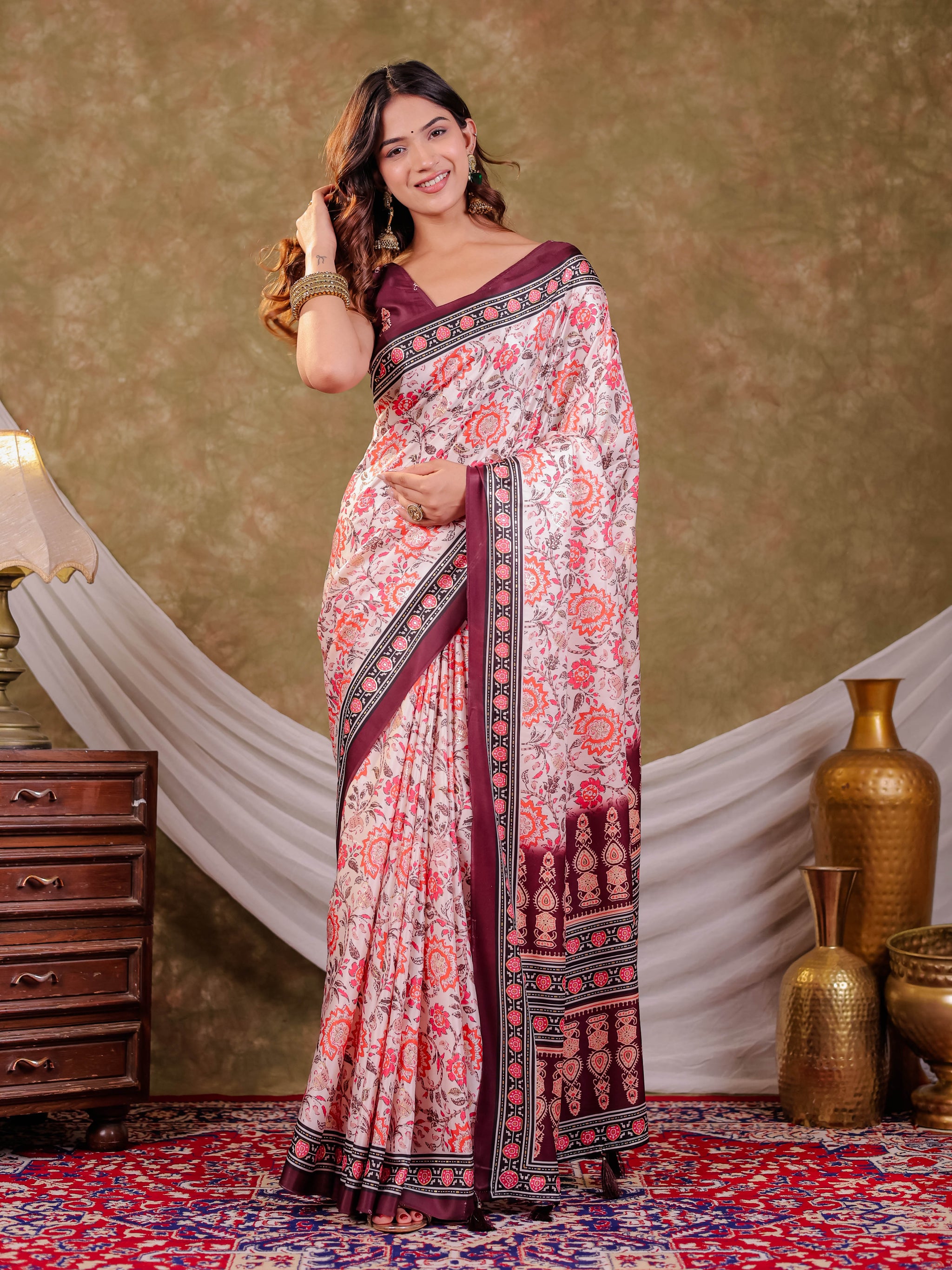 Ivory White Pure Chinnon Floral Printed Saree with Burgundy Border, Designer Pallu, Tassel Edges & Matching Blouse Piece