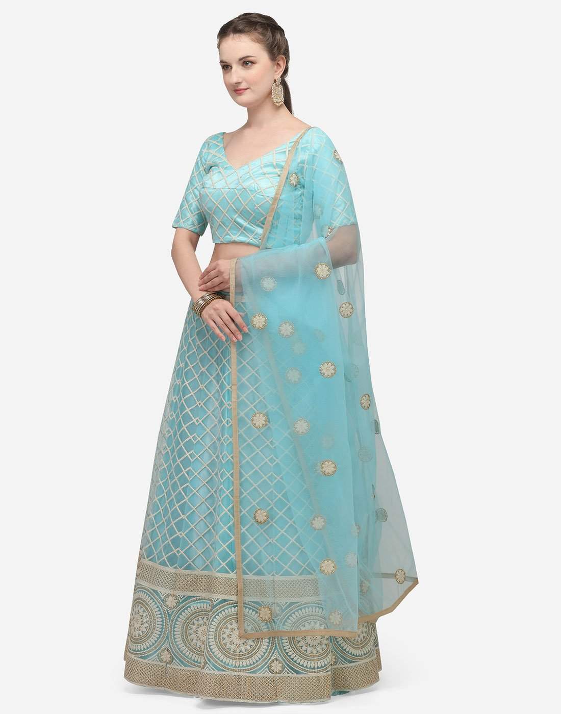 Light Blue Color Lucknowi Lehenga Choli with Net Dupatta