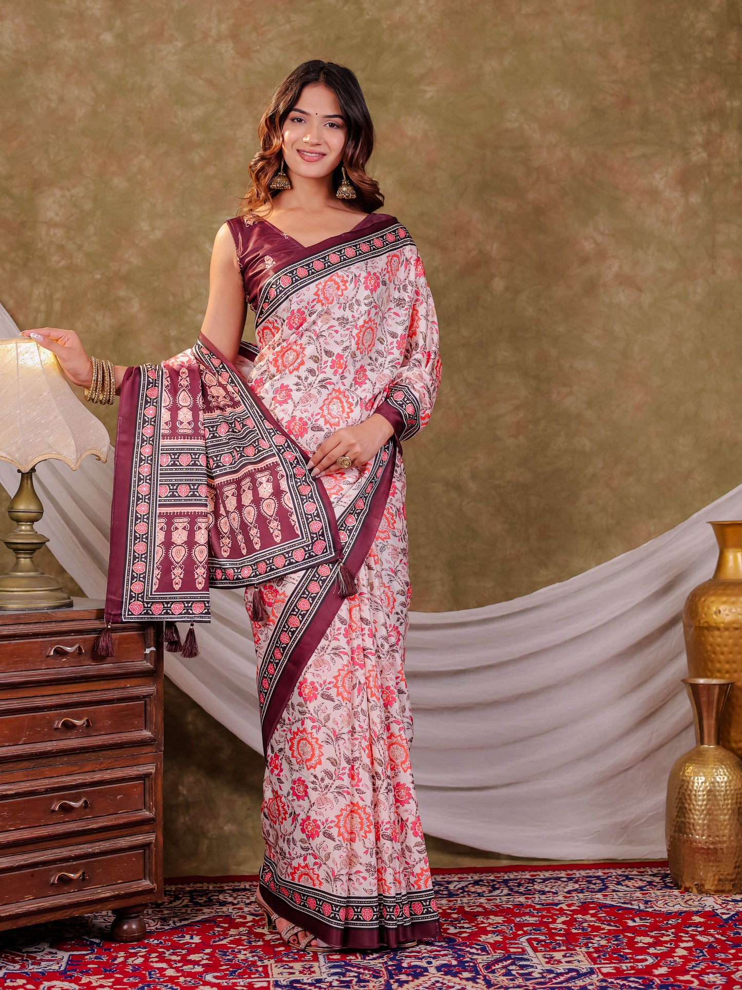 Ivory White Pure Chinnon Floral Printed Saree with Burgundy Border, Designer Pallu, Tassel Edges & Matching Blouse Piece