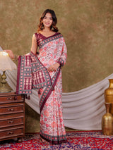 Ivory White Pure Chinnon Floral Printed Saree with Burgundy Border, Designer Pallu, Tassel Edges & Matching Blouse Piece