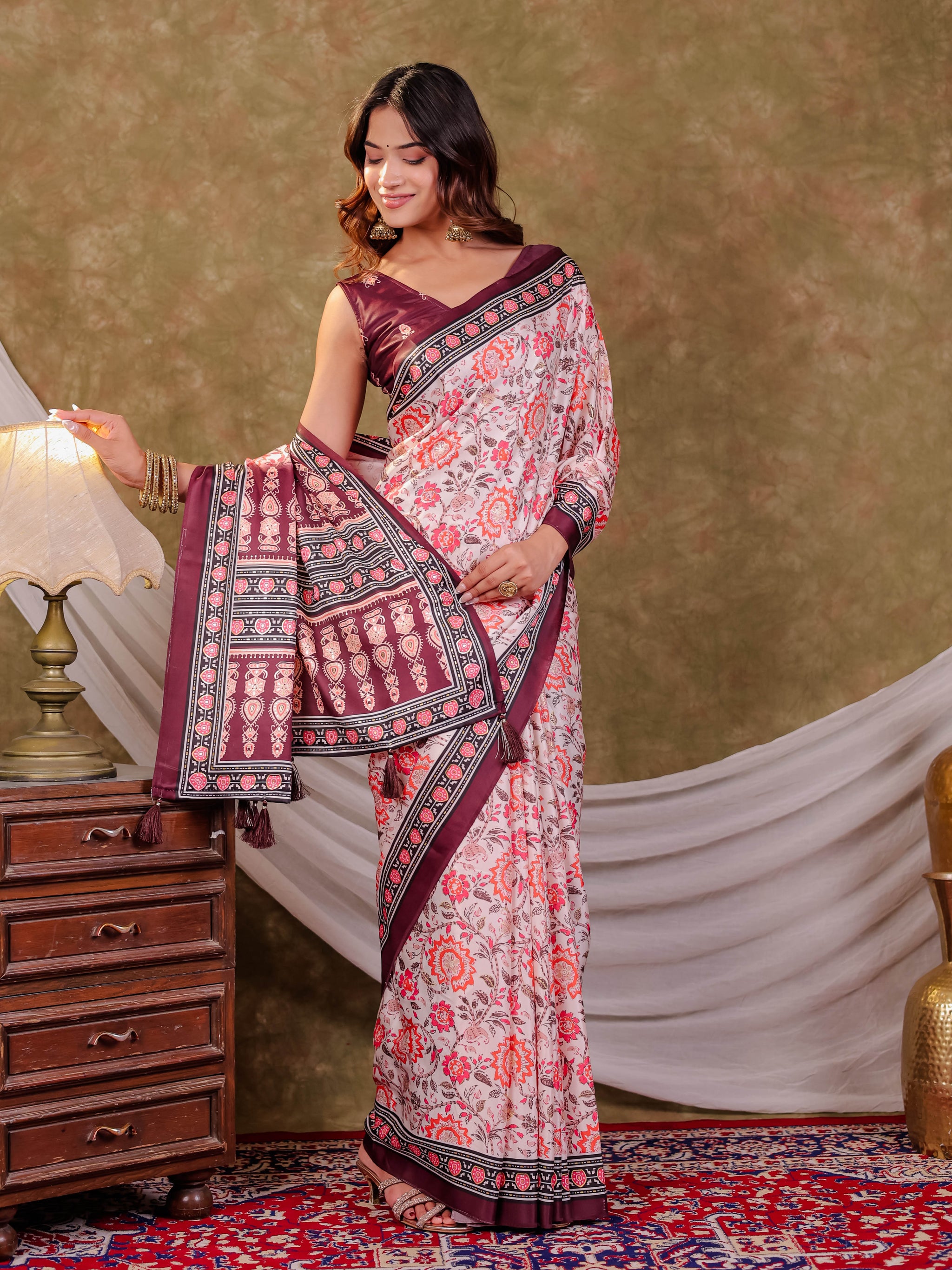 Ivory White Pure Chinnon Floral Printed Saree with Burgundy Border, Designer Pallu, Tassel Edges & Matching Blouse Piece
