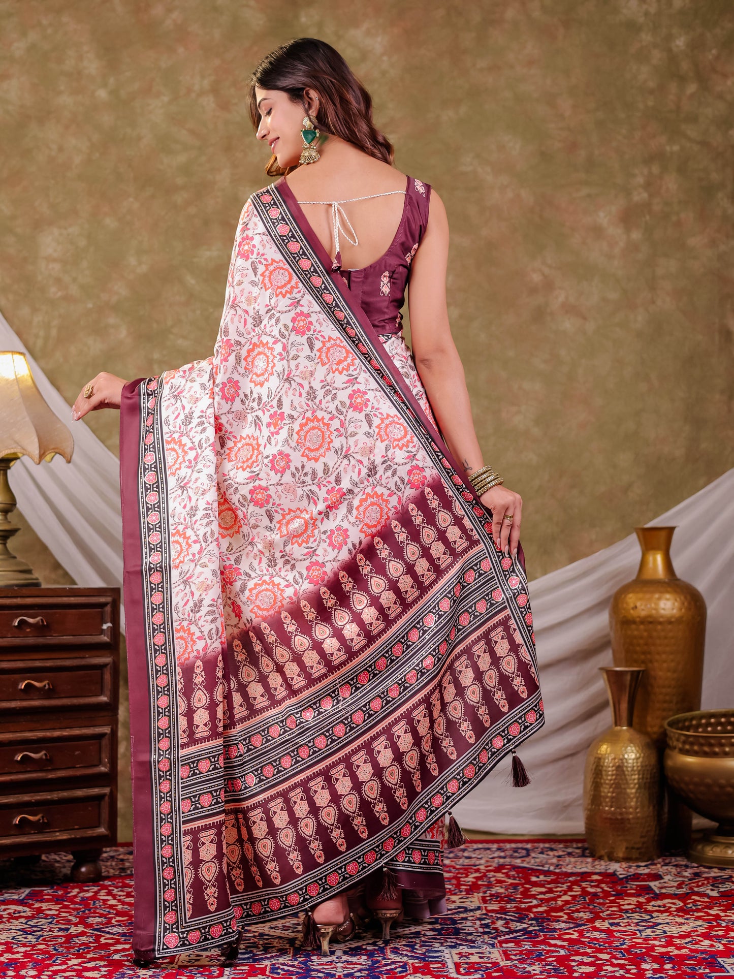 Ivory White Pure Chinnon Floral Printed Saree with Burgundy Border, Designer Pallu, Tassel Edges & Matching Blouse Piece