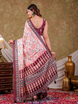 Ivory White Pure Chinnon Floral Printed Saree with Burgundy Border, Designer Pallu, Tassel Edges & Matching Blouse Piece