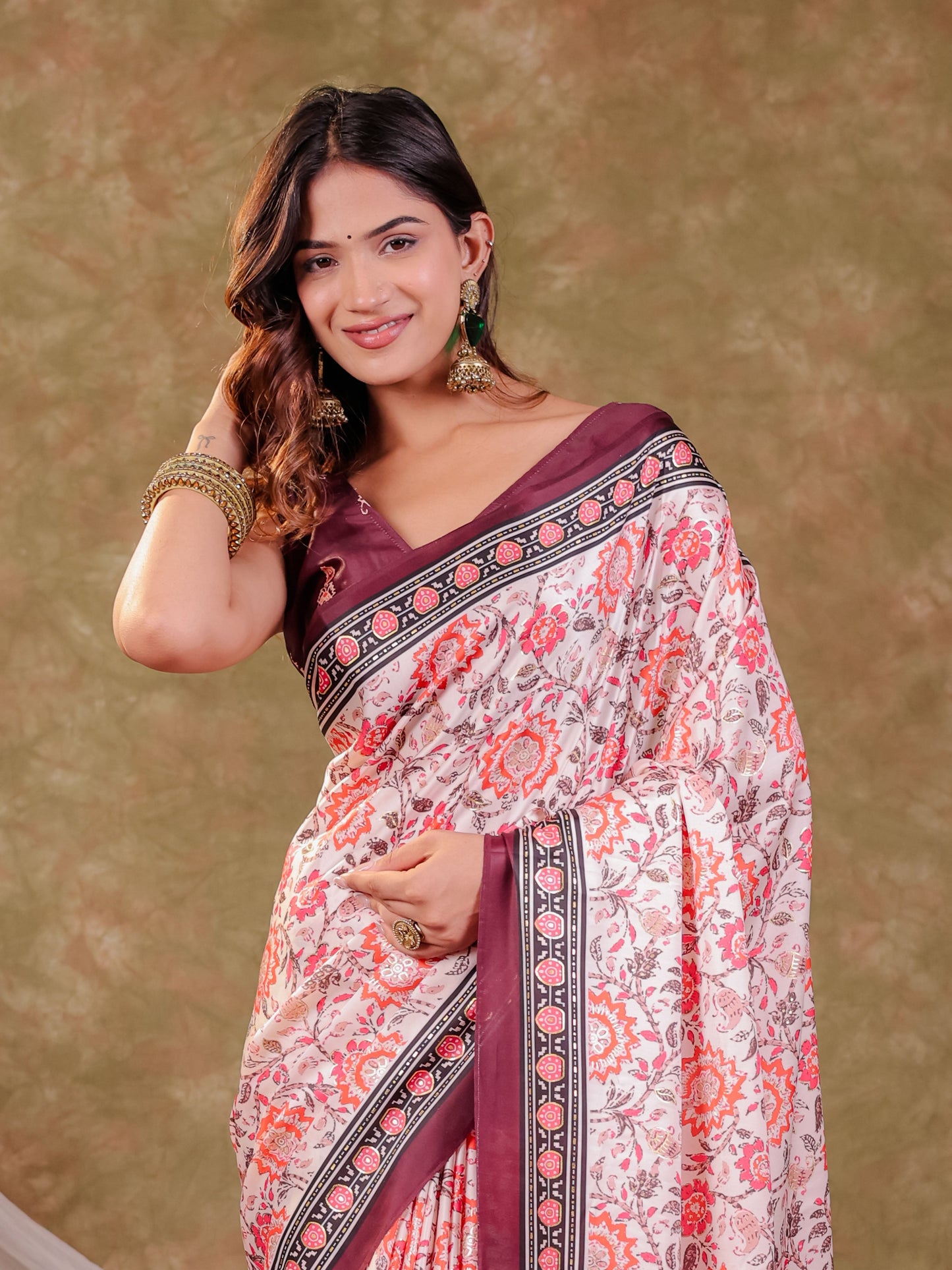 Ivory White Pure Chinnon Floral Printed Saree with Burgundy Border, Designer Pallu, Tassel Edges & Matching Blouse Piece
