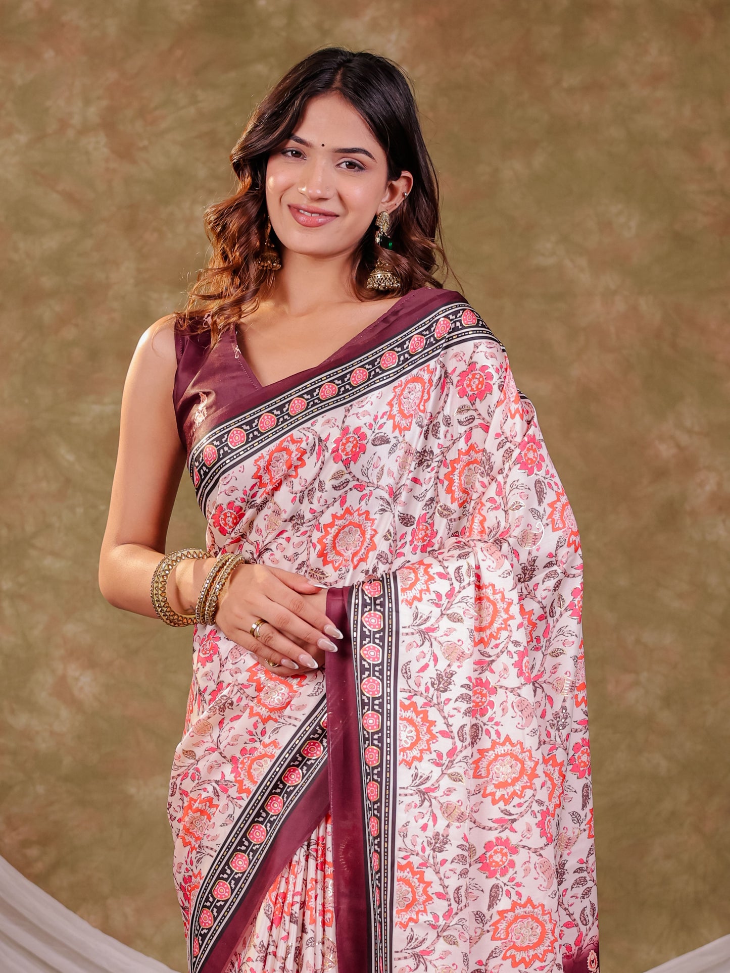 Ivory White Pure Chinnon Floral Printed Saree with Burgundy Border, Designer Pallu, Tassel Edges & Matching Blouse Piece