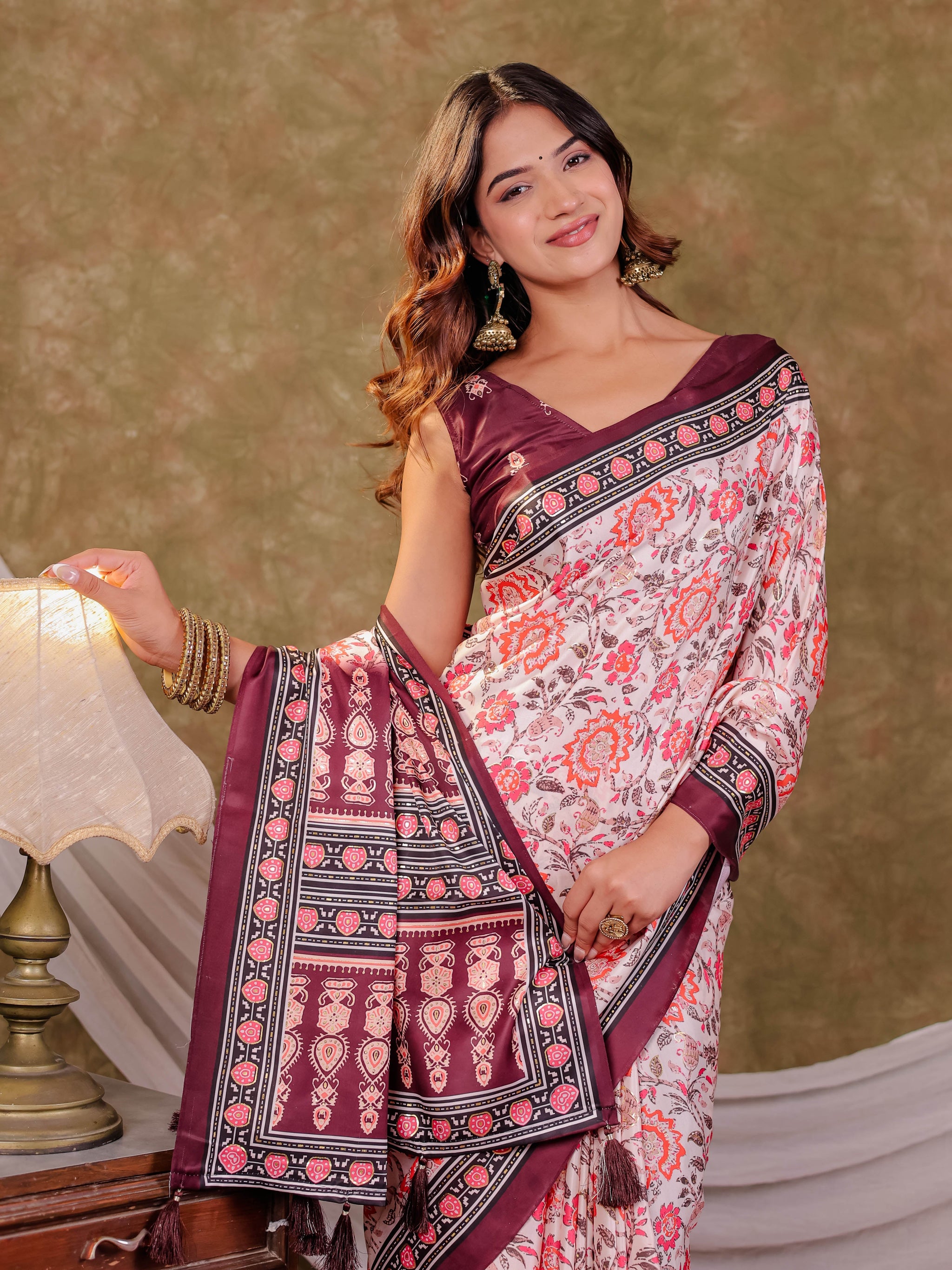 Ivory White Pure Chinnon Floral Printed Saree with Burgundy Border, Designer Pallu, Tassel Edges & Matching Blouse Piece