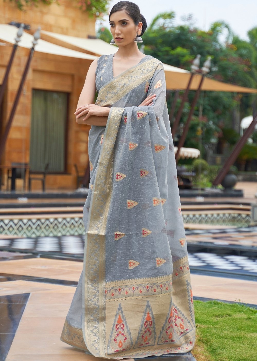 Slate Grey Woven Linen Silk Saree