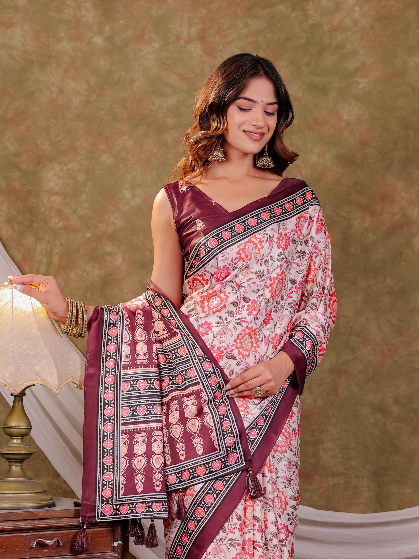 Ivory White Pure Chinnon Floral Printed Saree with Burgundy Border, Designer Pallu, Tassel Edges & Matching Blouse Piece