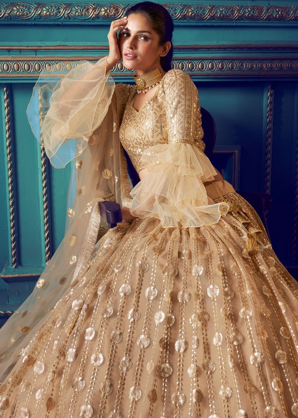 Dusky Beige Designer Soft Net Lehenga Choli with Sequin work