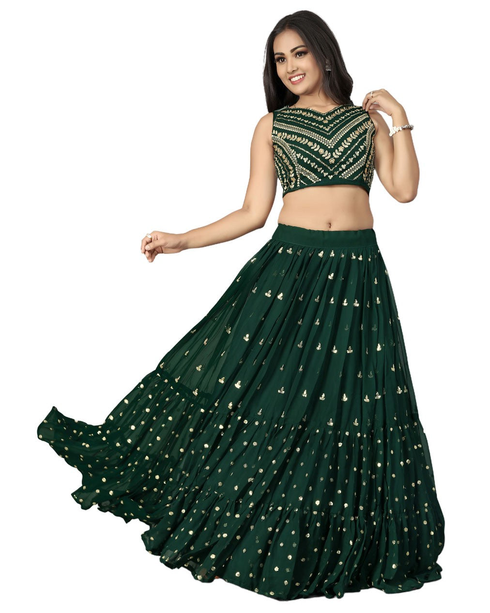 Bottle Green Designer Ruffle Lehenga Choli with Embroidery Work