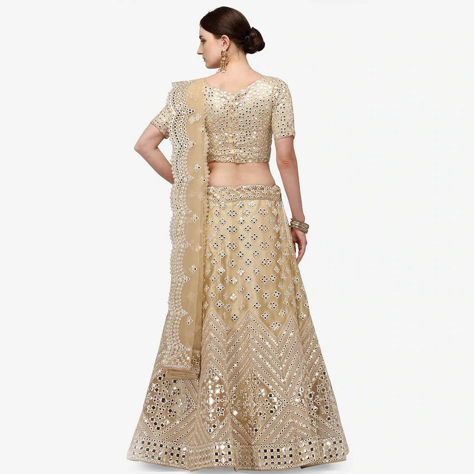 All Gold Soft Heavy Net Lehenga Choli with Foil Mirror and Resham Thread Work