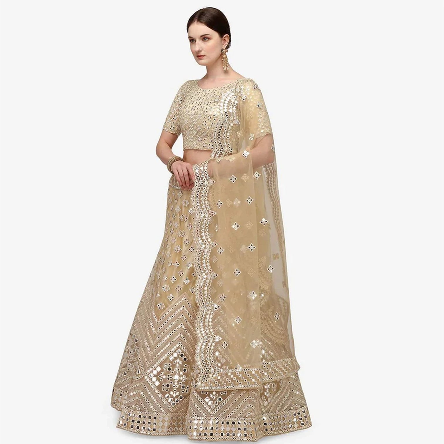 All Gold Soft Heavy Net Lehenga Choli with Foil Mirror and Resham Thread Work