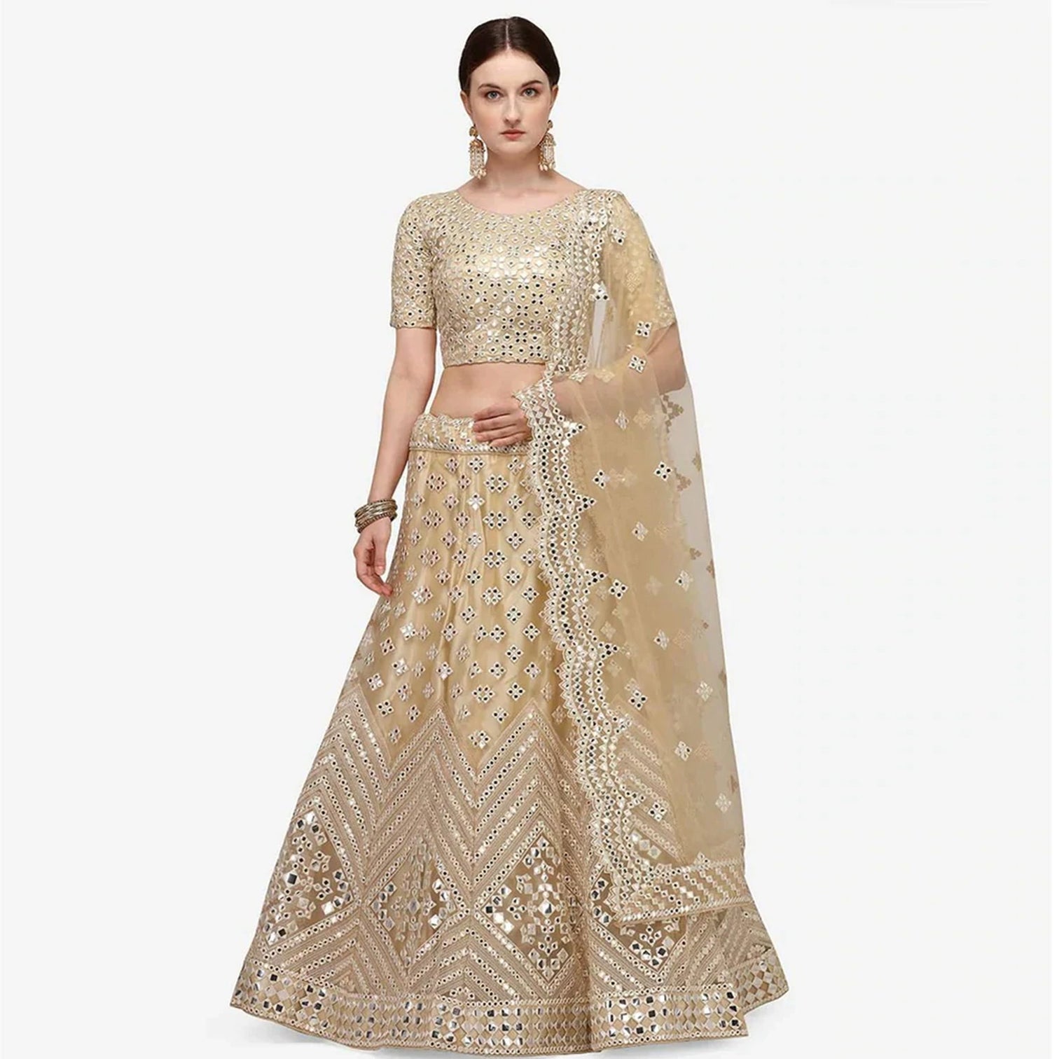 All Gold Soft Heavy Net Lehenga Choli with Foil Mirror and Resham Thread Work