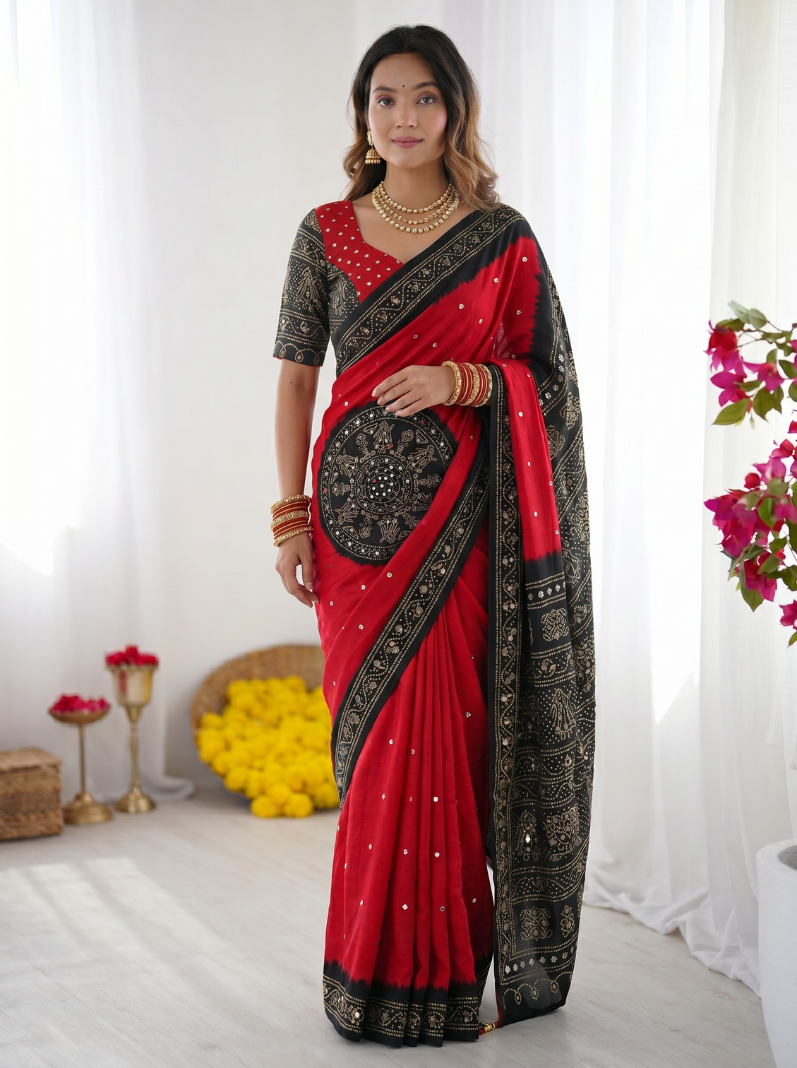 Crimson red black modal silk saree with traditional bandhani inspired motifs stone work heritage folk art pallu