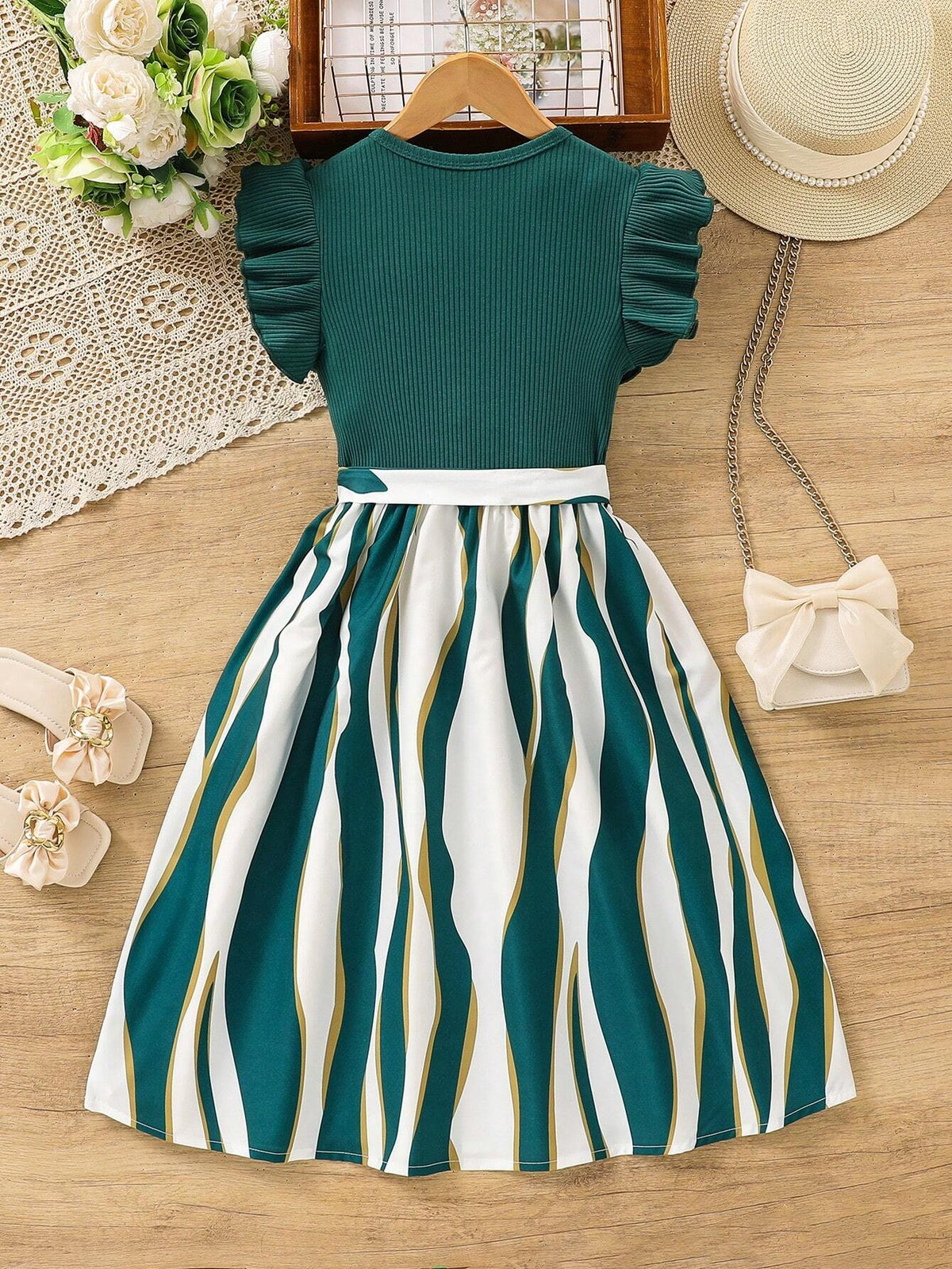 Girls Green & White Party Dress with Bow | Kids Stylish Frock