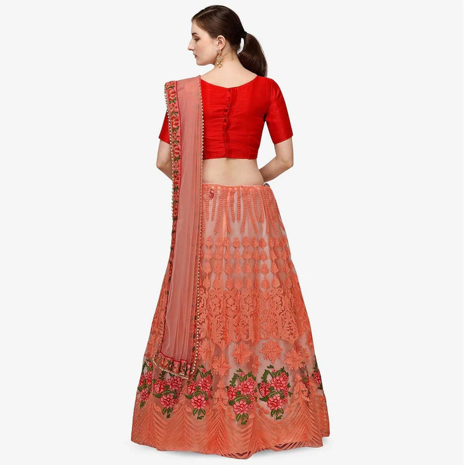 All Red Net Lehenga Choli with Embroidery Work