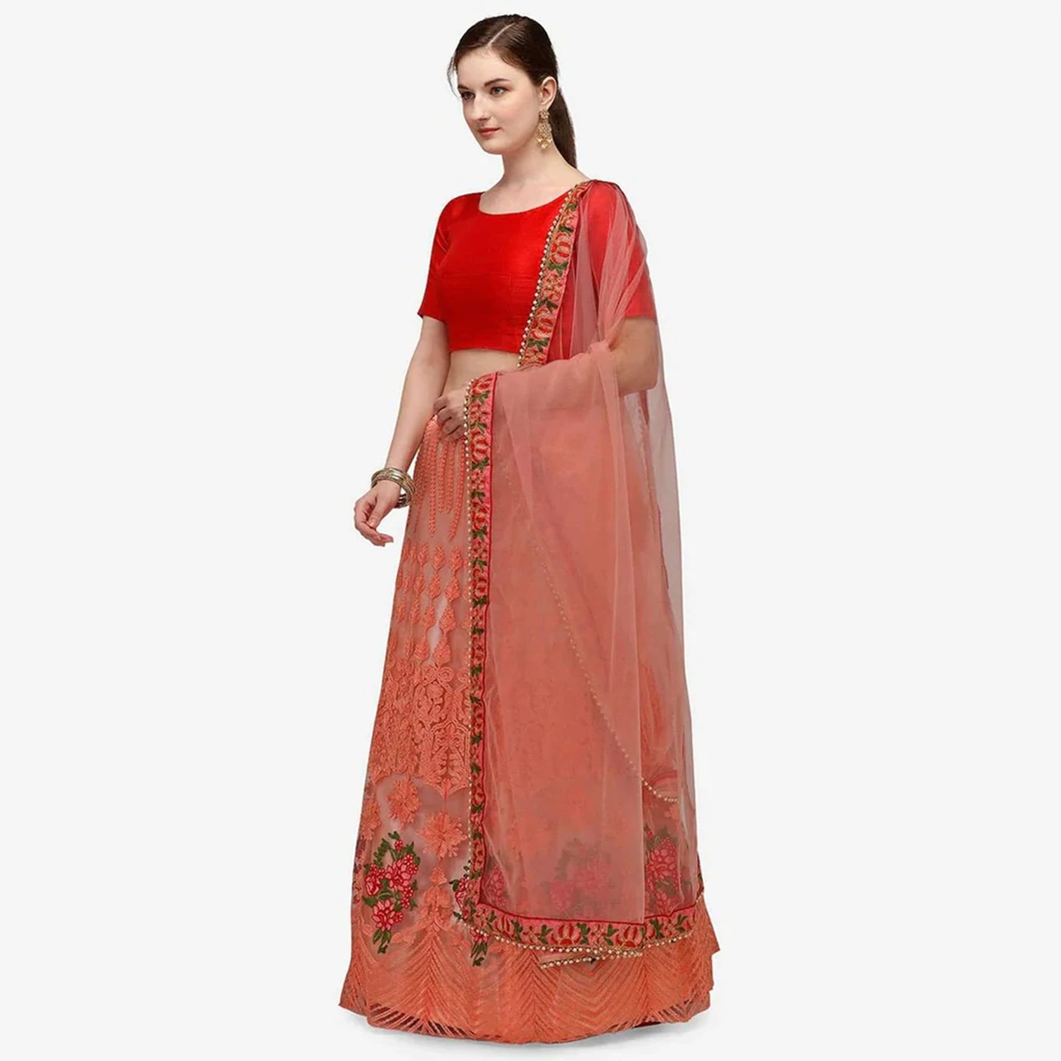 All Red Net Lehenga Choli with Embroidery Work