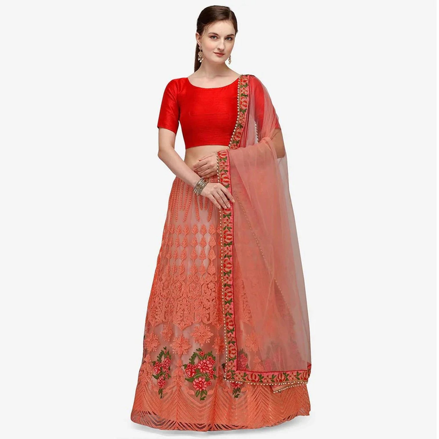 All Red Net Lehenga Choli with Embroidery Work