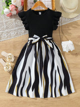 Girls Black Ribbed Top & Striped Flared Midi Dress with Bow Belt