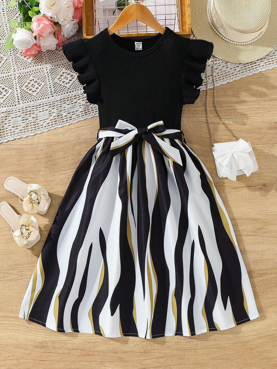 Girls Black Ribbed Top & Striped Flared Midi Dress with Bow Belt