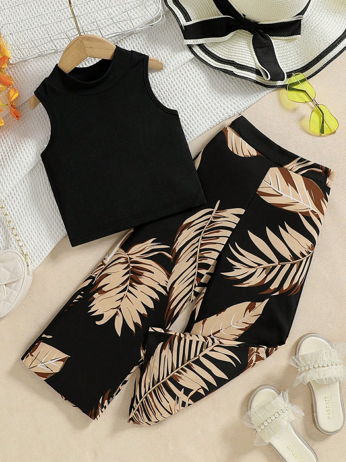 Girls Black Top With Printed Pant Set