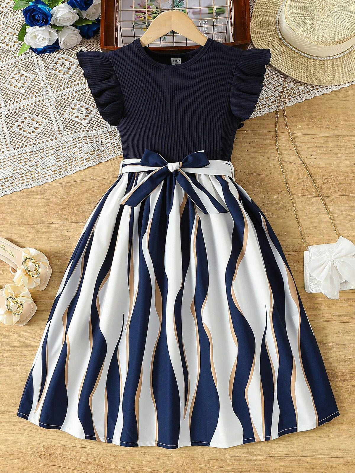 Girls Navy Blue Ribbed Dress with Striped A-Line Skirt & Waist Bow