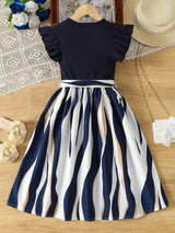 Girls Navy Blue Party Wear Dress with Printed Flared Skirt