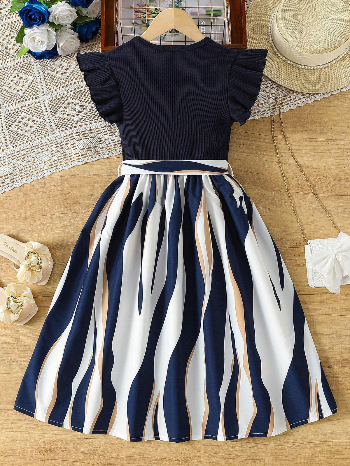 Girls Navy Blue Ribbed Dress with Striped A-Line Skirt & Waist Bow