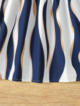 Girls Navy Blue Party Wear Dress with Printed Flared Skirt