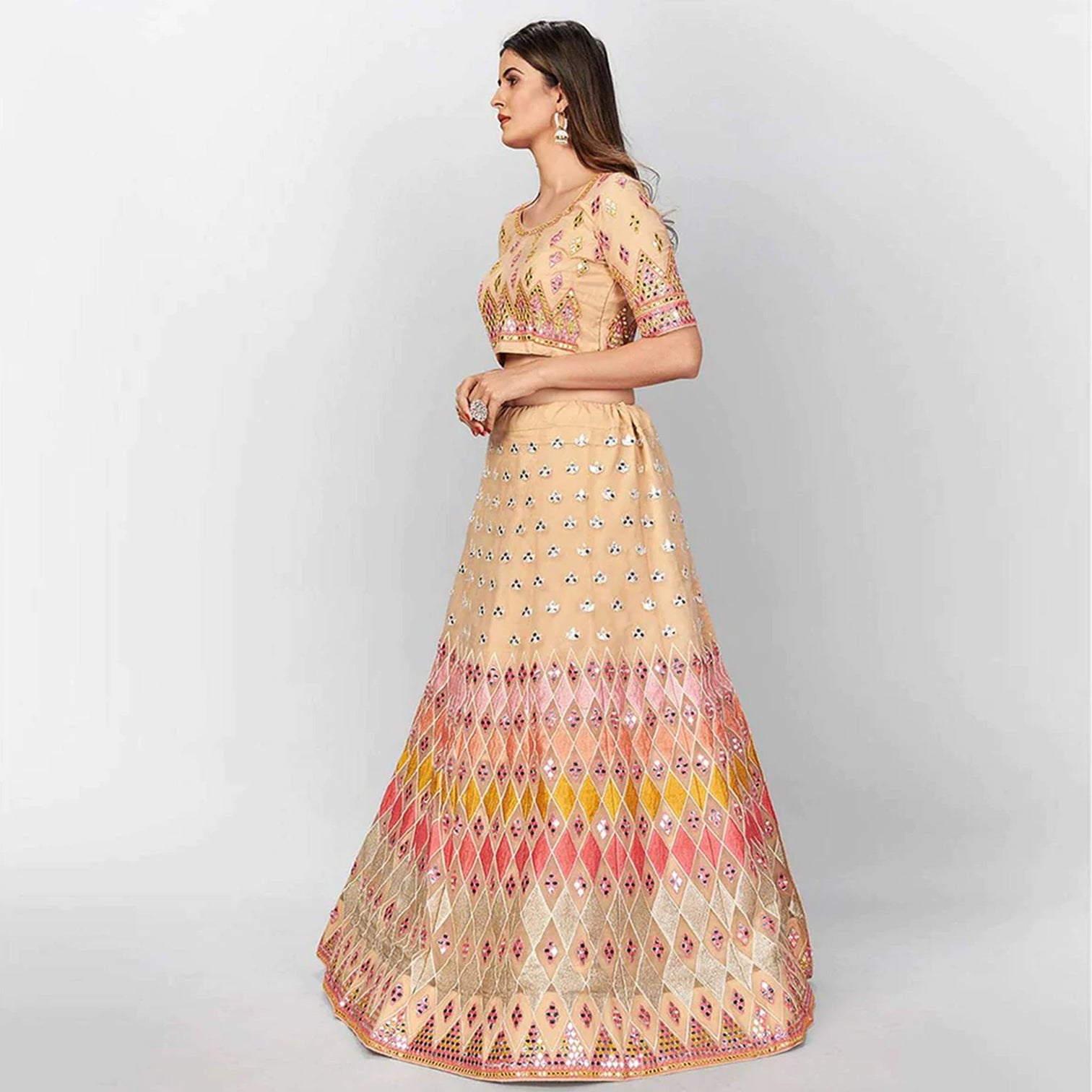 Beige Thread and Foil Mirror Cutwork Lehenga choli