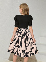 Girls Elegant Black & Beige Floral Print Midi Dress with Puff Sleeves Party Dress
