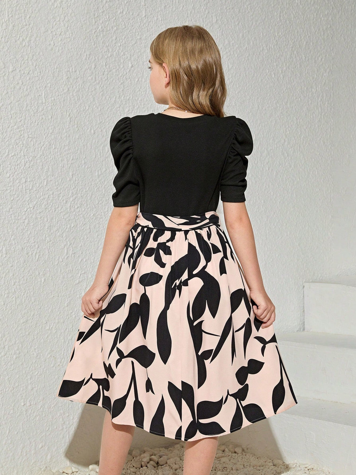 Girls Elegant Black & Beige Floral Print Midi Dress with Puff Sleeves Party Dress