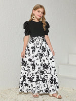 image, Girls Black Puff Sleeve Top with White Floral Maxi Dress