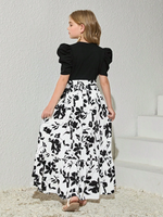 image, Girls Black Puff Sleeve Top with White Floral Maxi Dress
