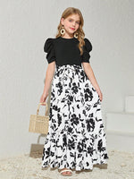 image, Girls Black Puff Sleeve Top with White Floral Maxi Dress
