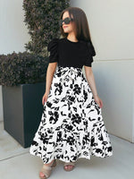 image, Girls Black Puff Sleeve Top with White Floral Maxi Dress