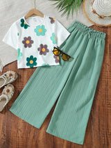 Girls Floral Printed Crop Top with Mint Green Pleated Wide Leg Pants Co-Ord Set